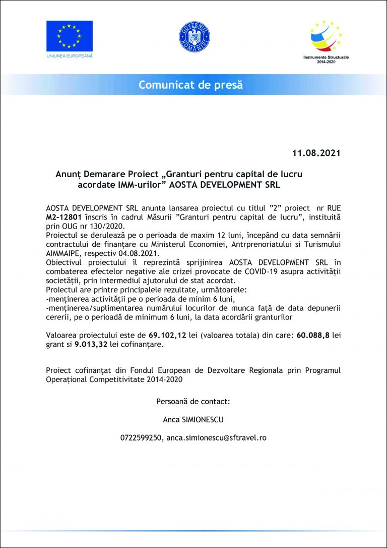 Comunicat de presă AOSTA DEVELOPMENT SRL