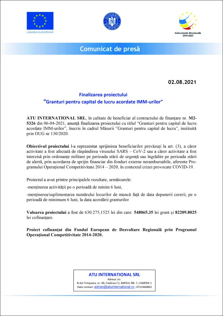 Comunicat de presă ATU INTERNATIONAL SRL