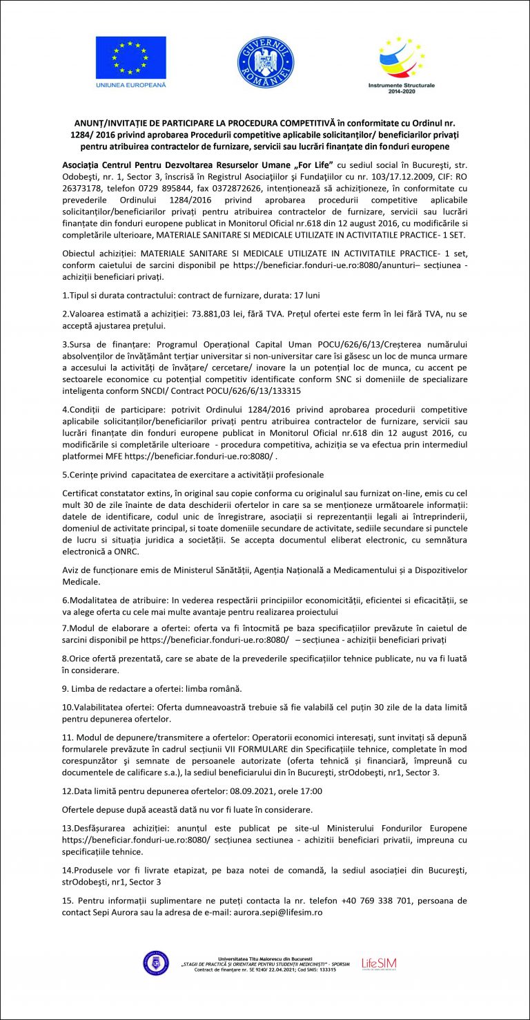 ANUNȚ/INVITAȚIE Asociația Centrul Pentru Dezvoltarea Resurselor Umane „For Life”