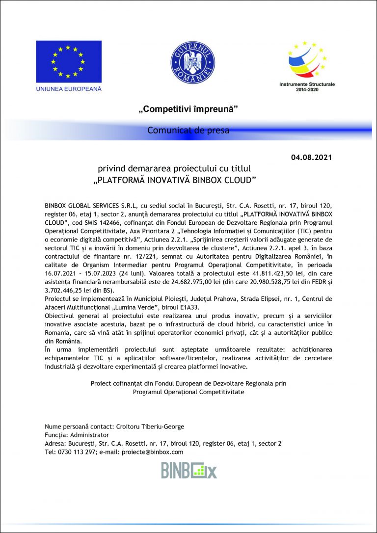 Comunicat de presă BINBOX GLOBAL SERVICES S.R.L