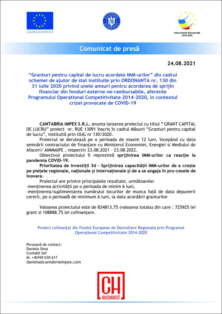Comunicat de presa CANTABRIA IMPEX S.R.L.