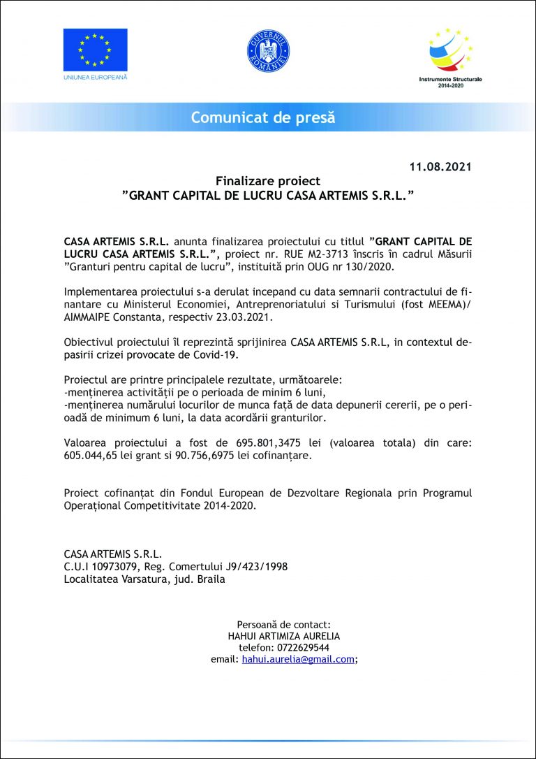 Comunicat de presă CASA ARTEMIS S.R.L