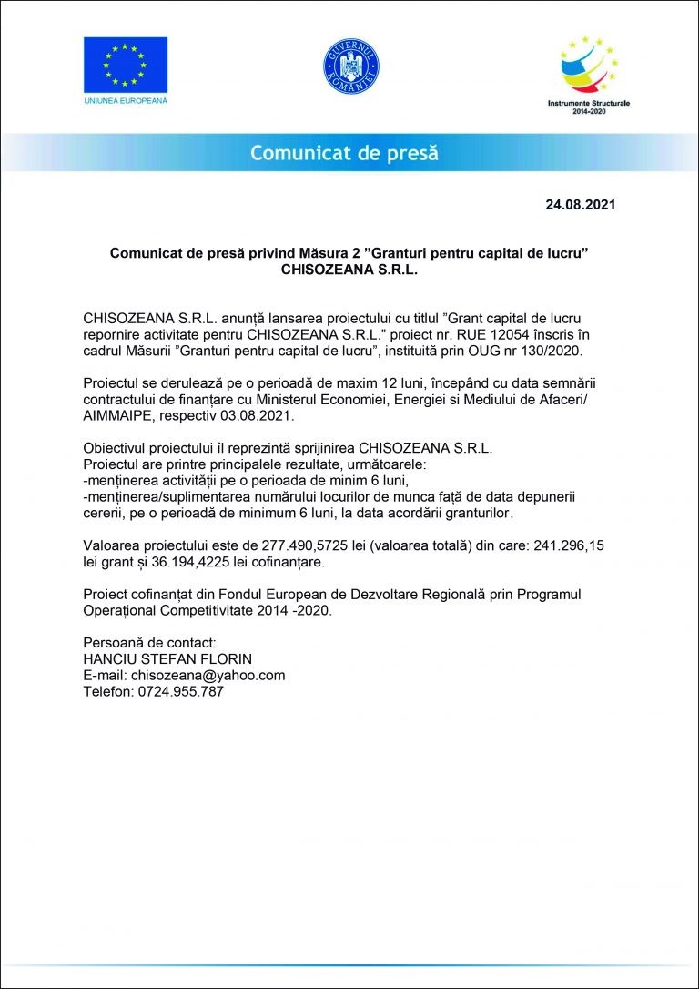 Comunicat de presă CHISOZEANA S.R.L.