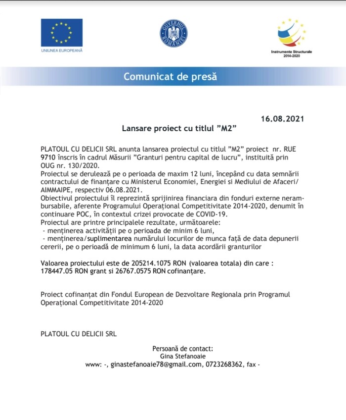 Comunicat de presă – Lansare proiect cu titlul ”M2”