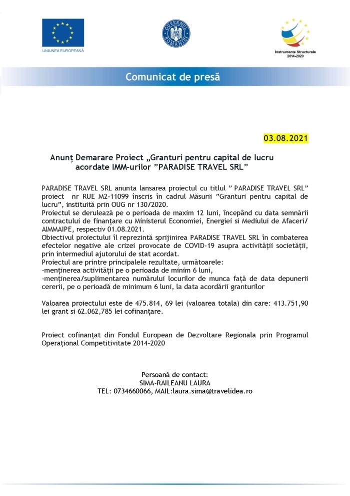 Anunț demarare proiect „Granturi pentru capital de lucru acordate IMM-urilor ”PARADISE TRAVEL SRL”