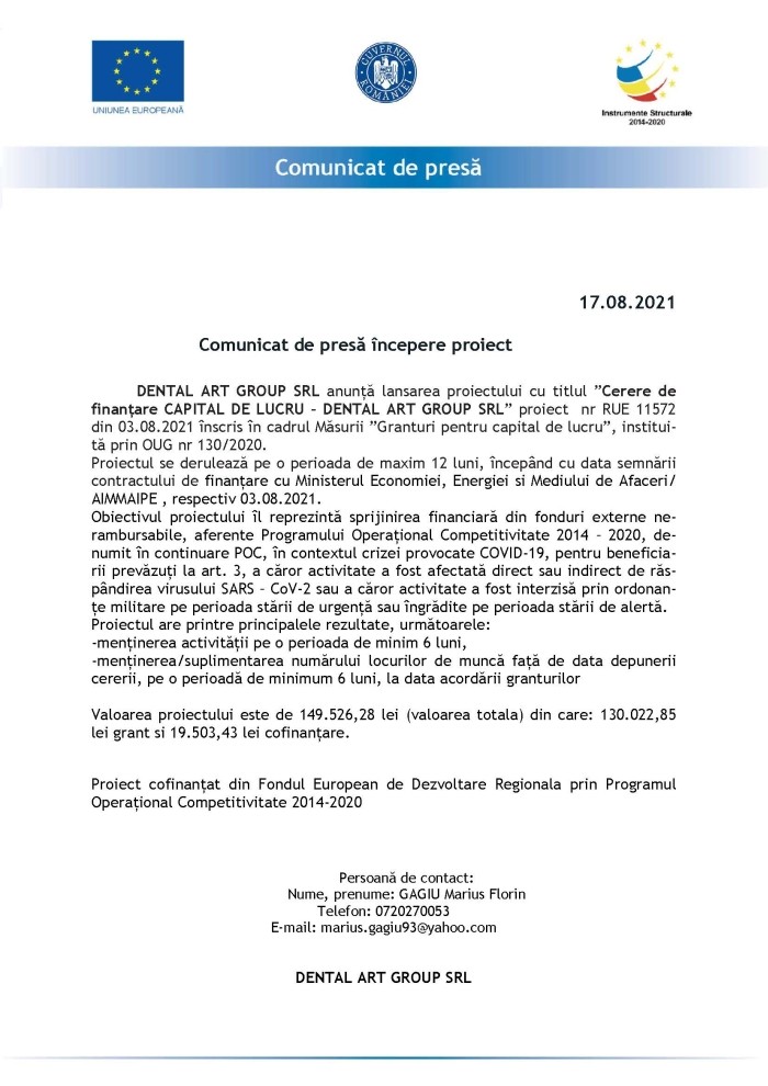 Comunicat de presa DENTAL ART GROUP SRL