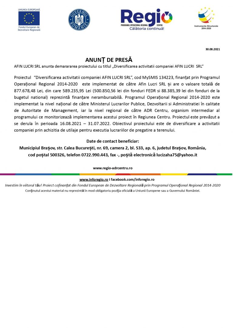 Comunicat de presa AFIN LUCRI SRL