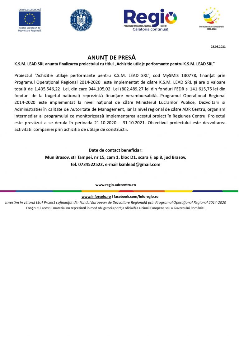 Comunicat de presa K.S.M. LEAD SRL