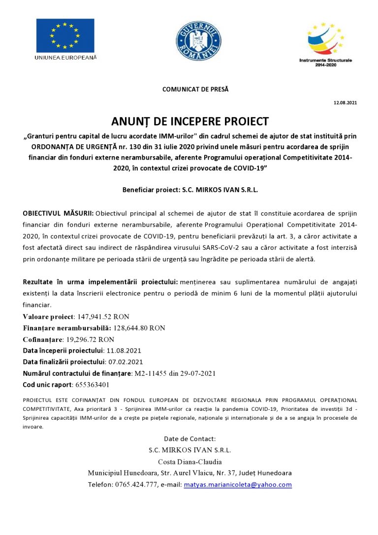 ANUNȚ DE ÎNCEPERE PROIECT