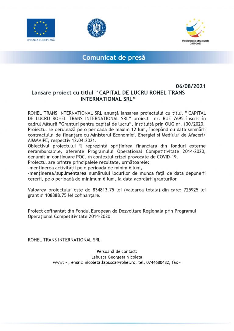 Comunicat de presa ROHEL TRANS INTERNATIONAL SRL