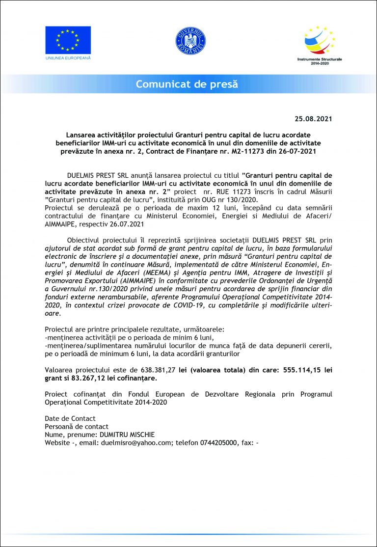 Comunicat de presa DUELMIS PREST SRL