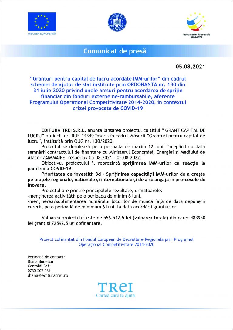 Comunicat de presa EDITURA TREI S.R.L