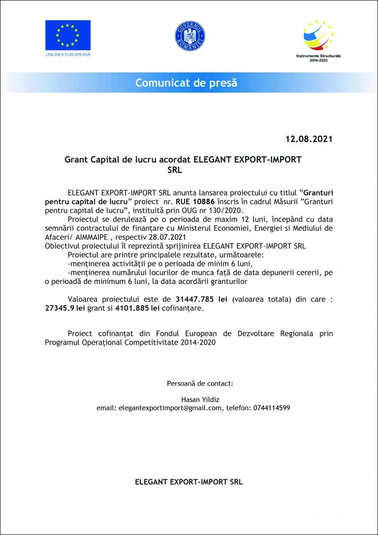Comunicat de presă ELEGANT EXPORT-IMPORT SRL