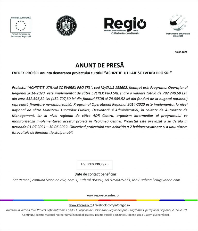 Comunicat de presă EVEREX PRO SRL