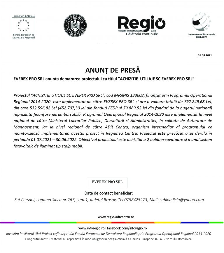 Comunicat de presă EVEREX PRO SRL