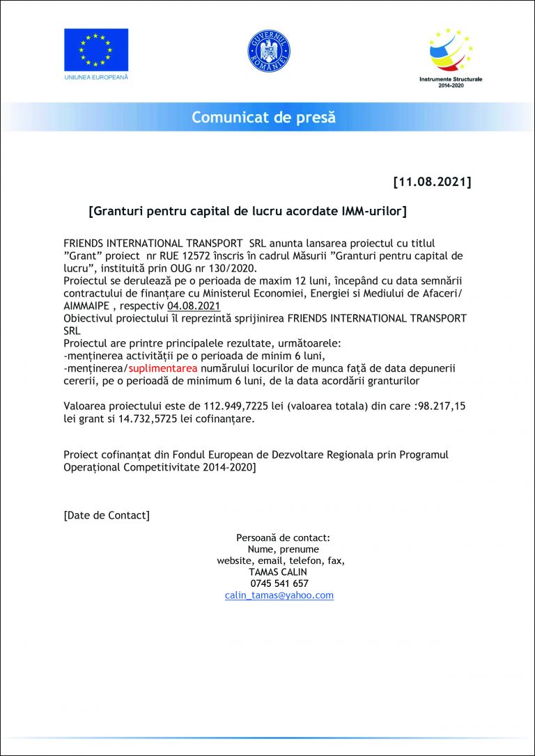 Comunicat de presa FRIENDS INTERNATIONAL TRANSPORT SRL