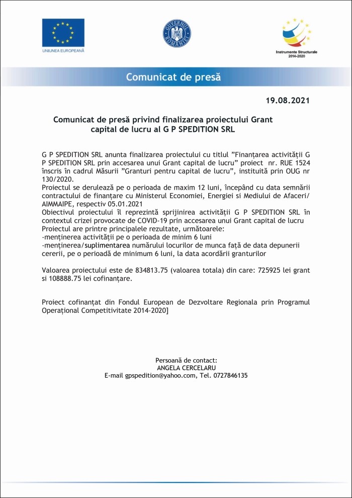 Comunicat de presă G P SPEDITION SRL