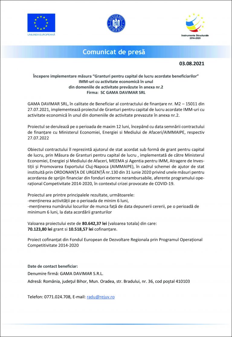 Comunicat de presă GAMA DAVIMAR SRL