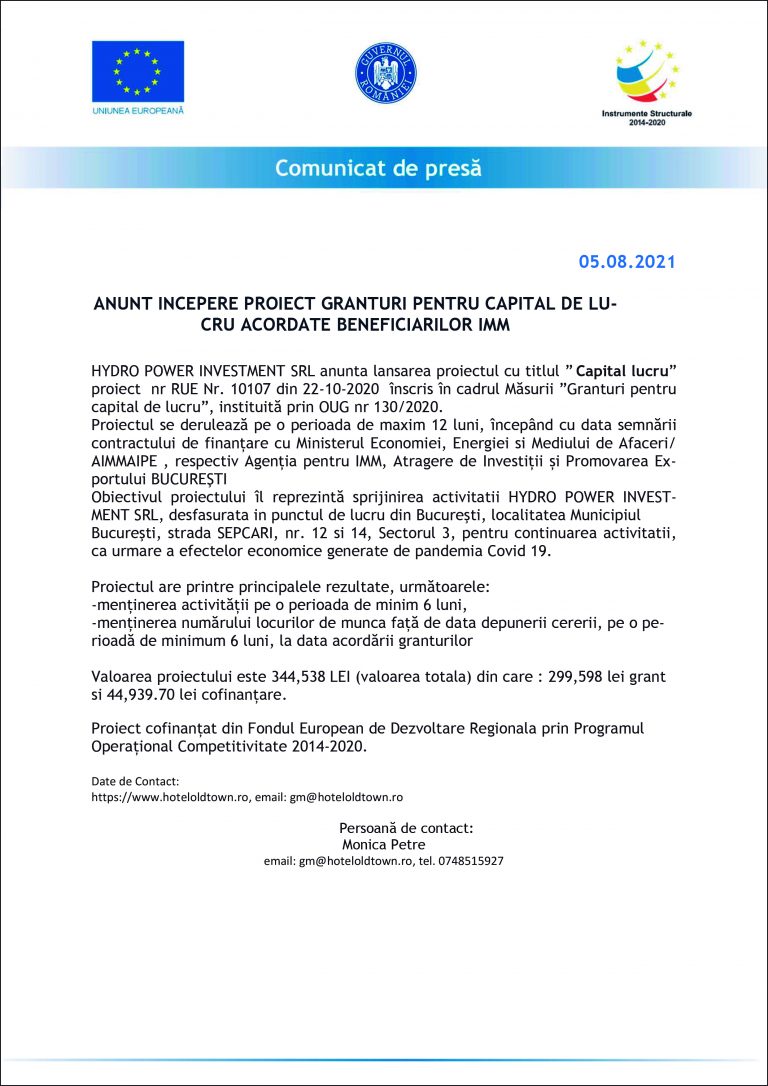 Comunicat de presa HYDRO POWER INVESTMENT SRL