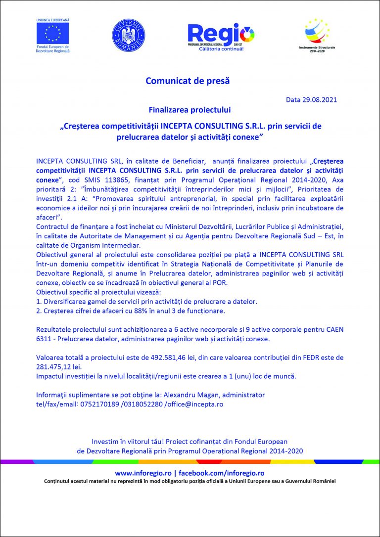 Comunicat de presă INCEPTA CONSULTING S.R.L.