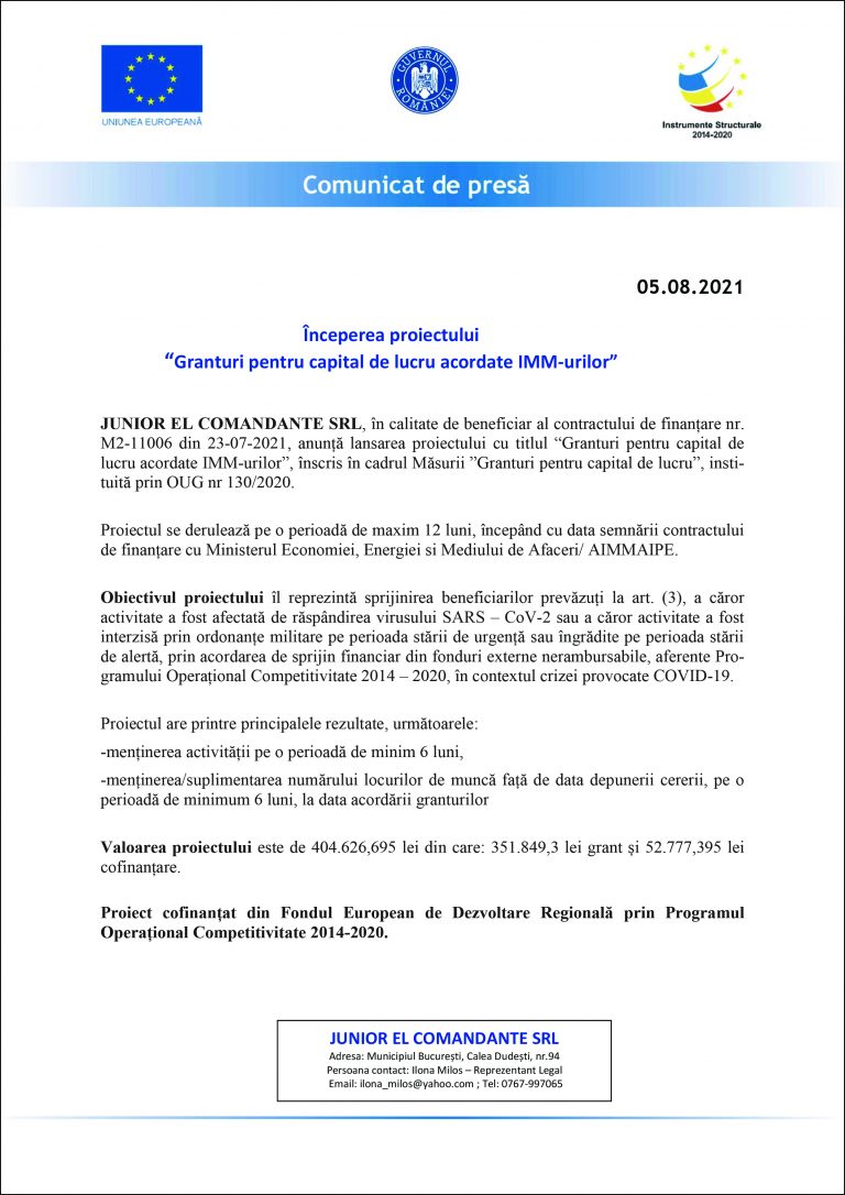 Comunicat de presă JUNIOR EL COMANDANTE SRL