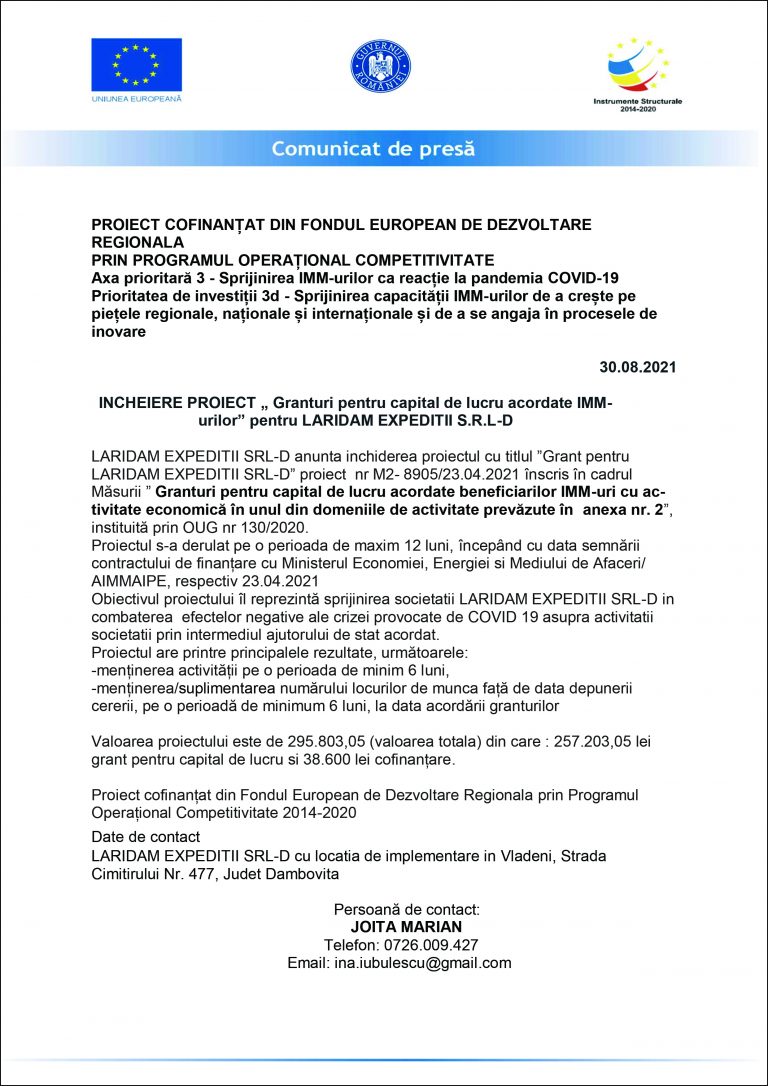 Comunicat de presa LARIDAM EXPEDITII SRL-D