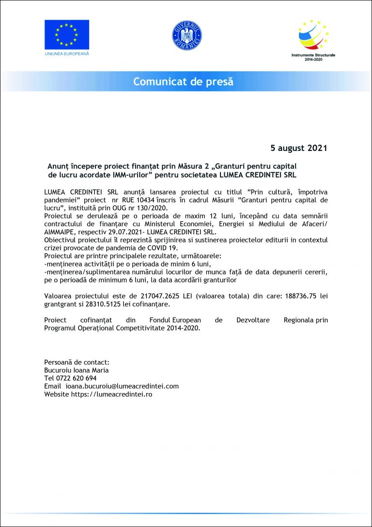 Comunicat de presa LUMEA CREDINTEI SRL