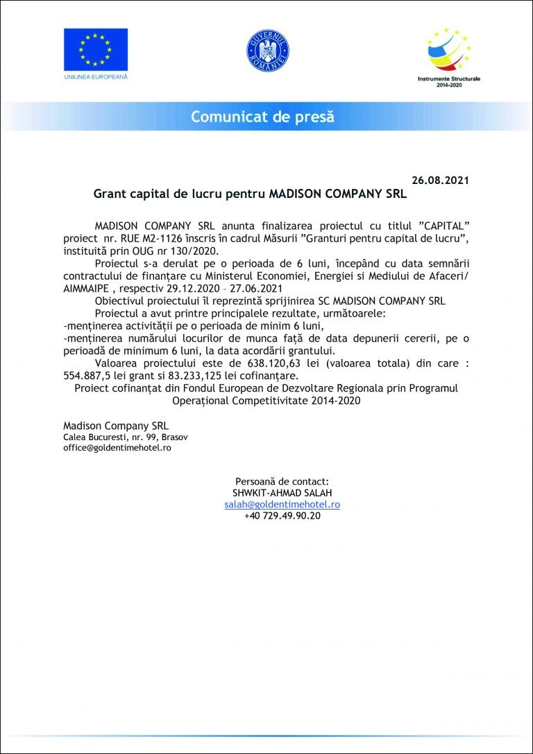 Comunicat de presa MADISON COMPANY SRL