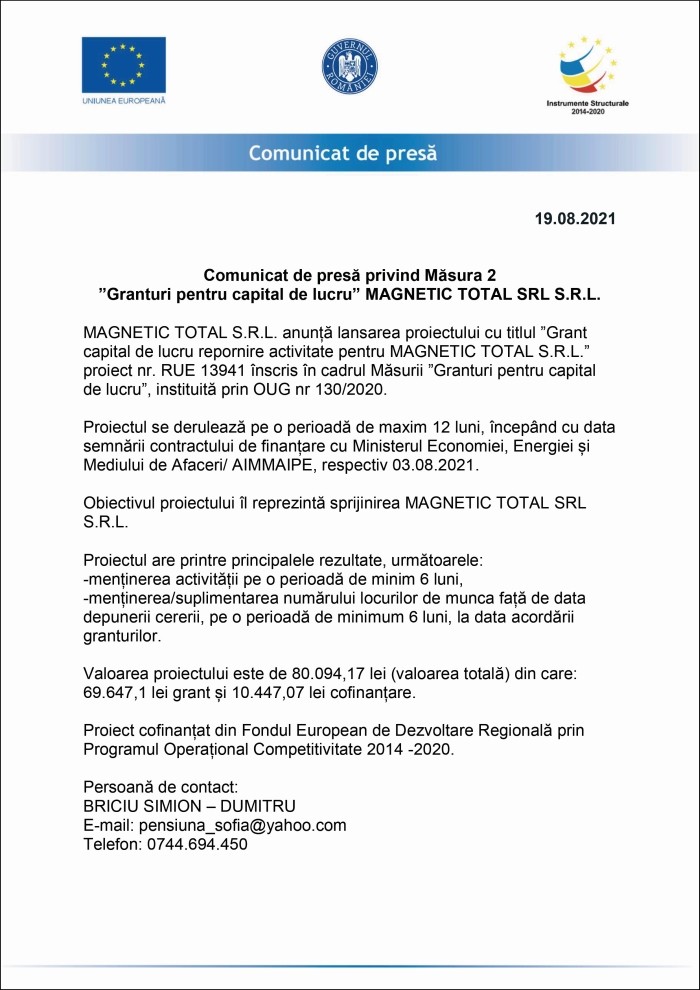 Comunicat de presă MAGNETIC TOTAL S.R.L