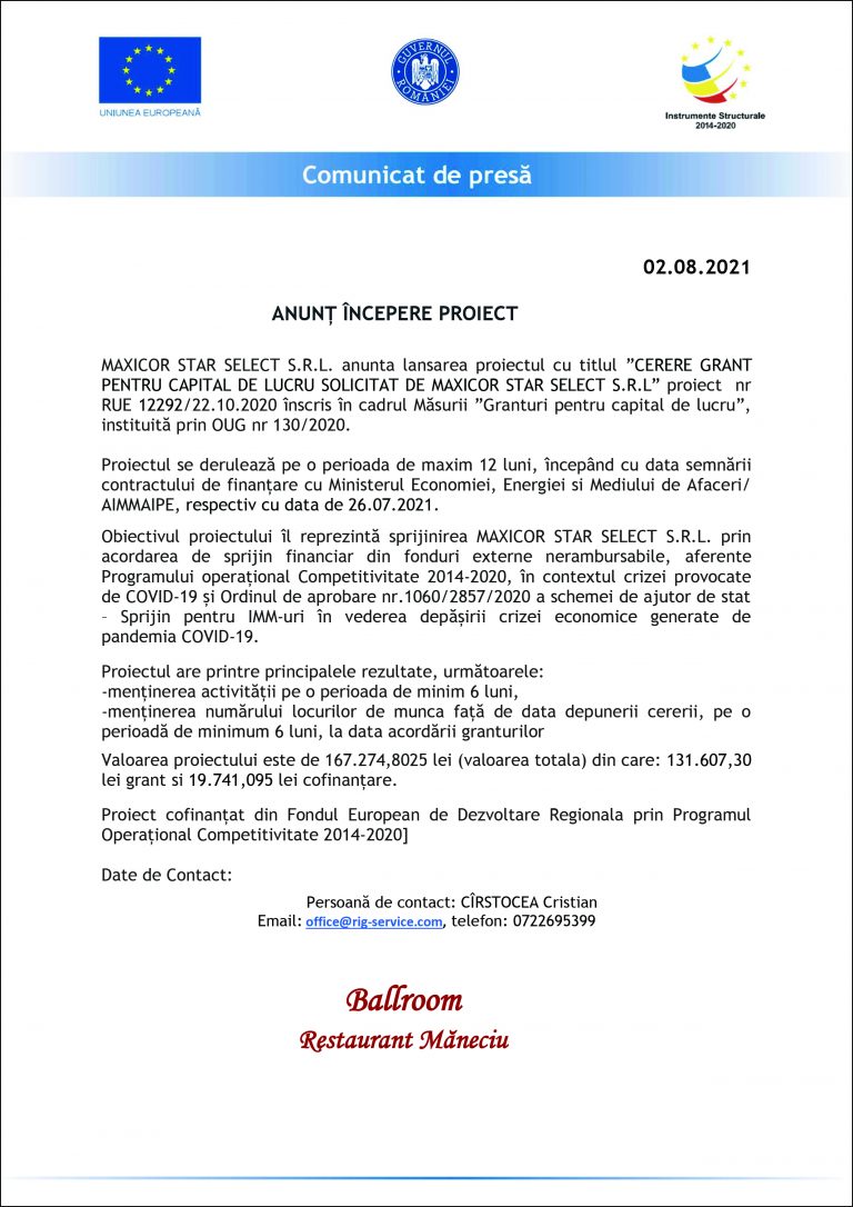 Comunicat de presă MAXICOR STAR SELECT S.R.L.