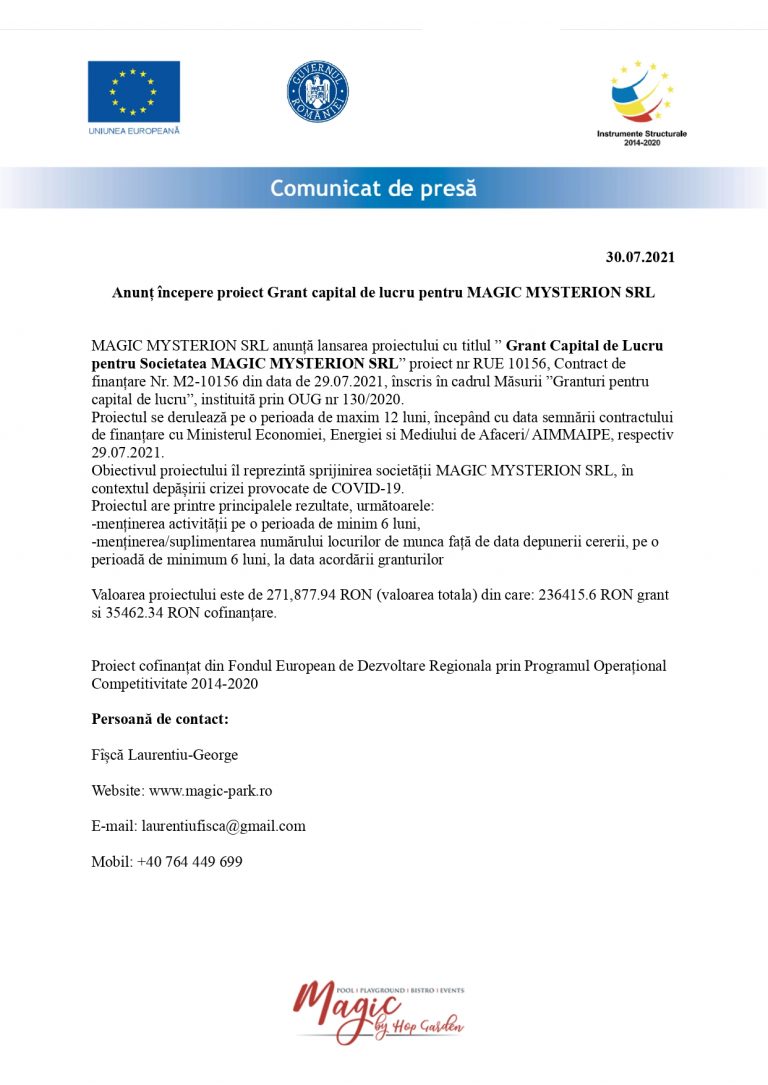 Anunț începere proiect Grant capital de lucru pentru MAGIC MYSTERION SRL