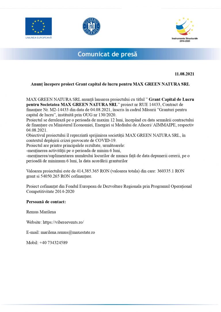 Grant pentru capital de lucru pentru MAX GREEN NATURA SRL