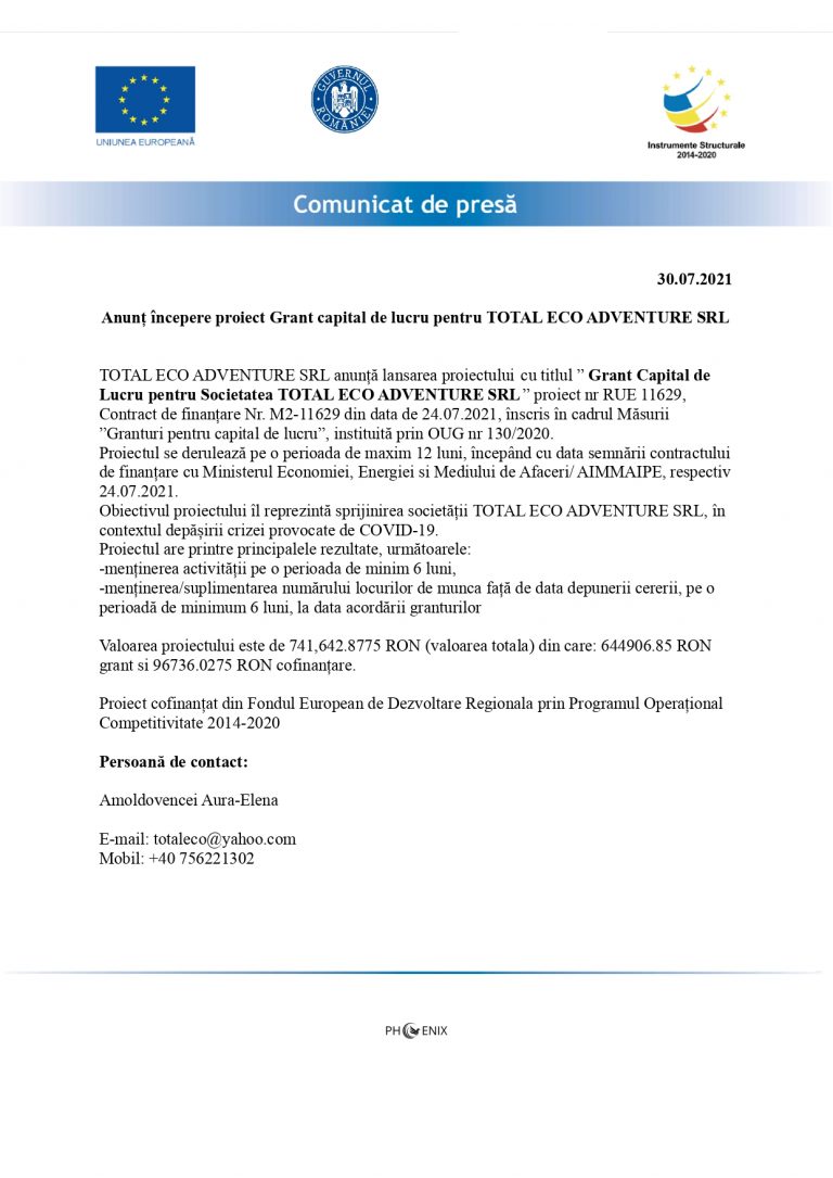 Anunț începere proiect Grant capital de lucru pentru TOTAL ECO ADVENTURE SRL