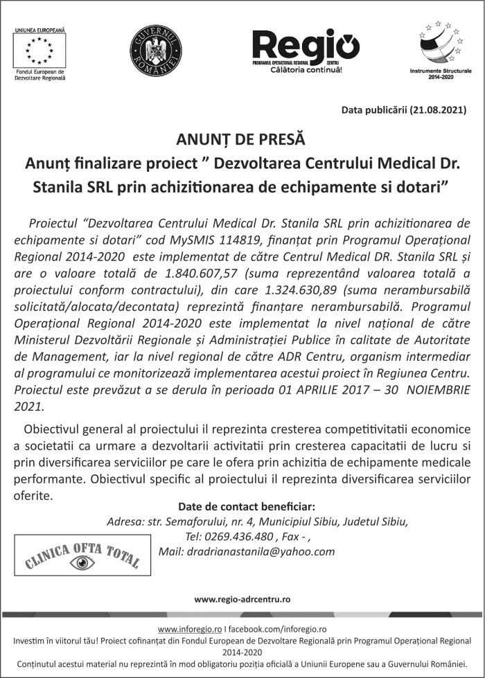 Anunt de presă Centrul Medical Dr. Stanila SRL