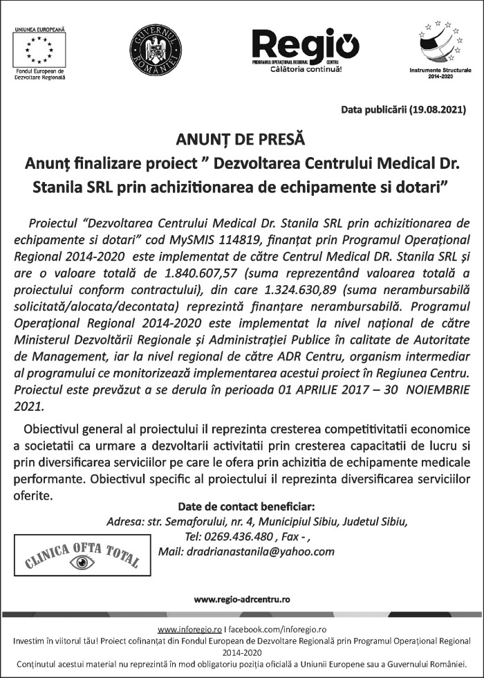Anunt de presă Centrul Medical Dr. Stanila SRL