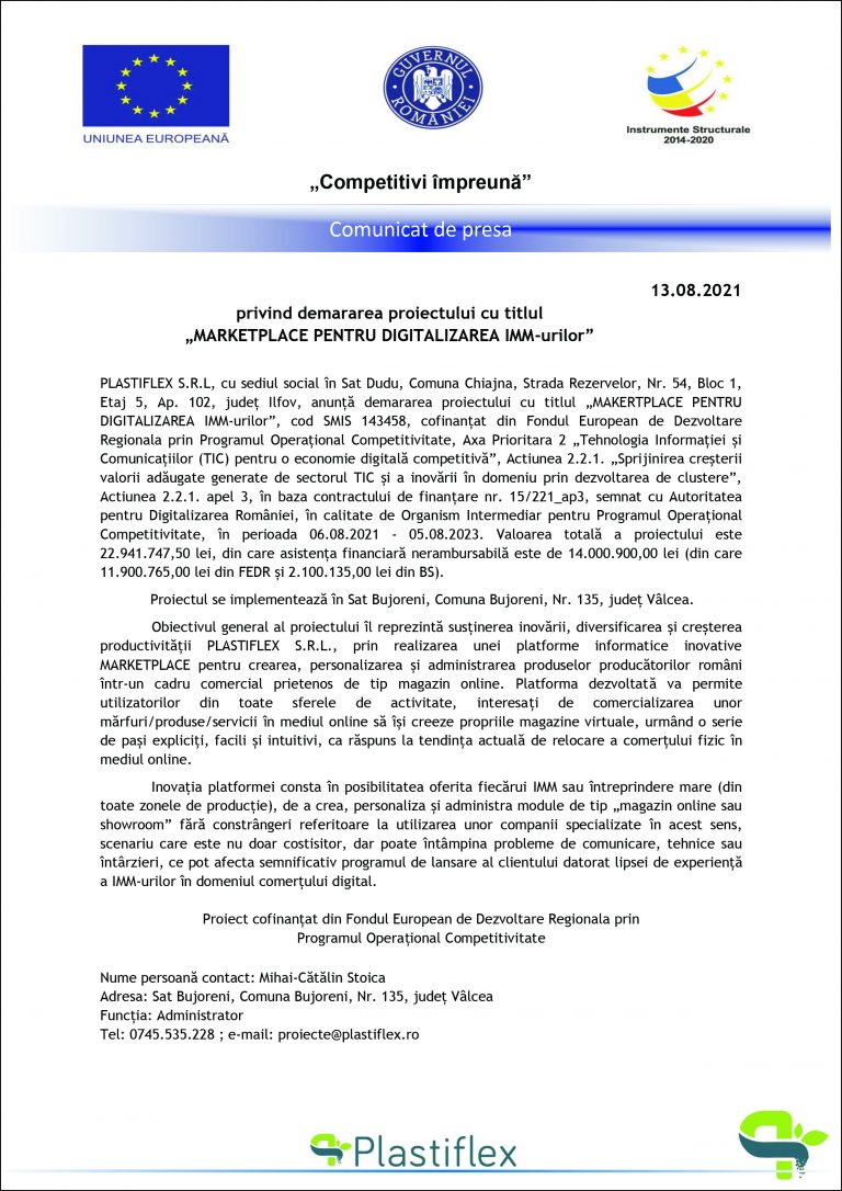 Comunicat de presă PLASTIFLEX SRL