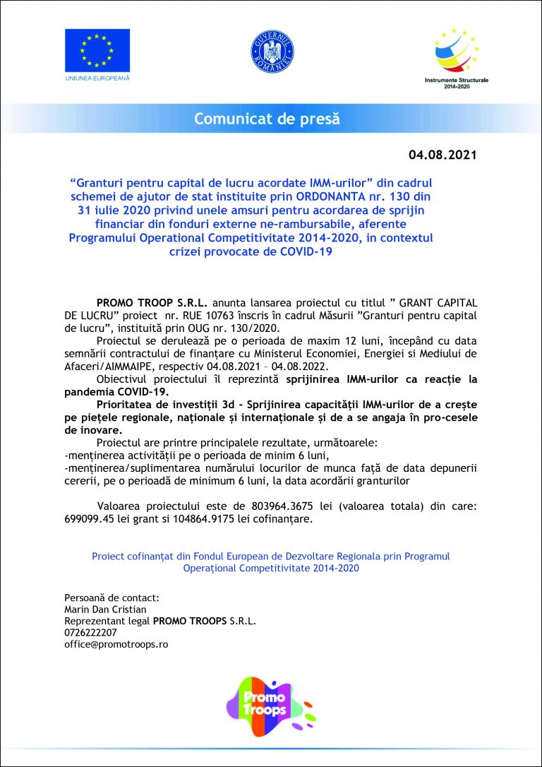 Comunicat de presă PROMO TROOP S.R.L.