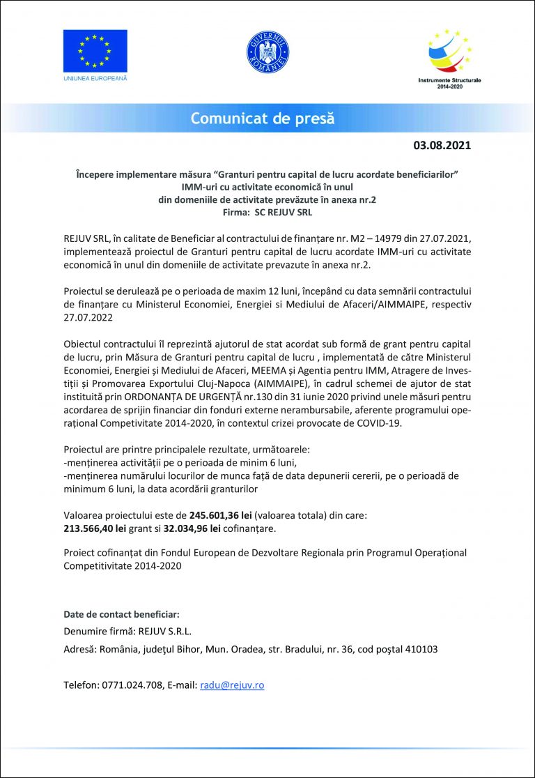 Comunicat de presă REJUV SRL