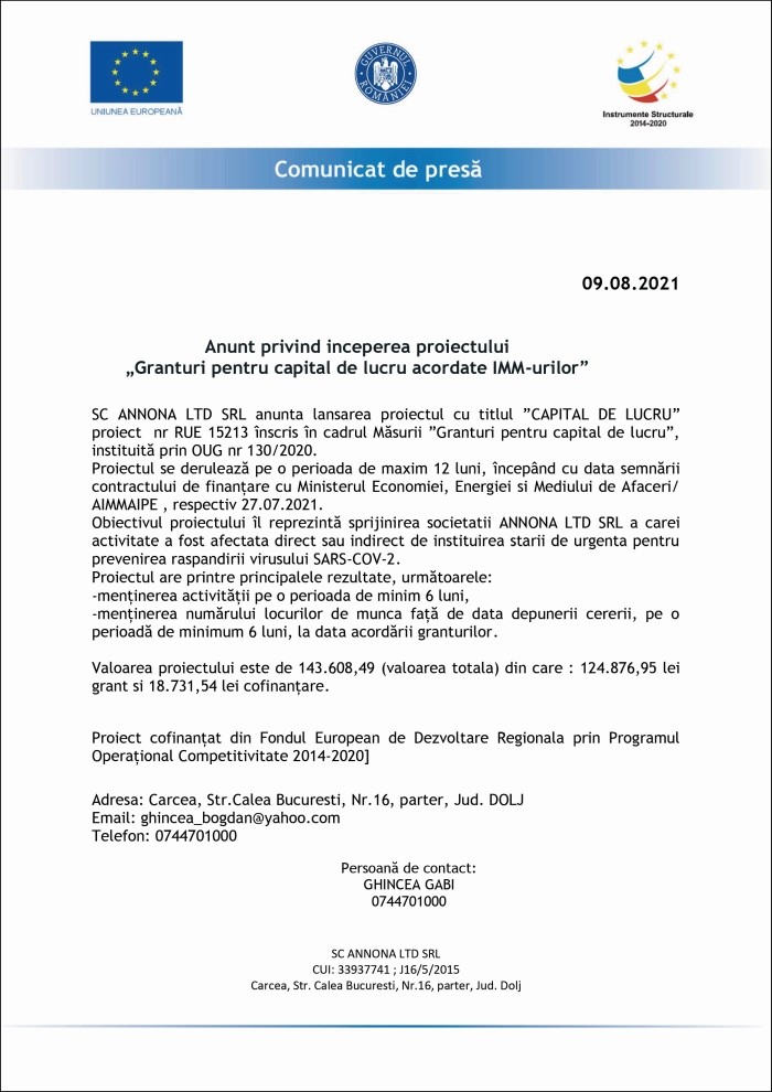 Comunicat de presa SC ANNONA LTD SRL