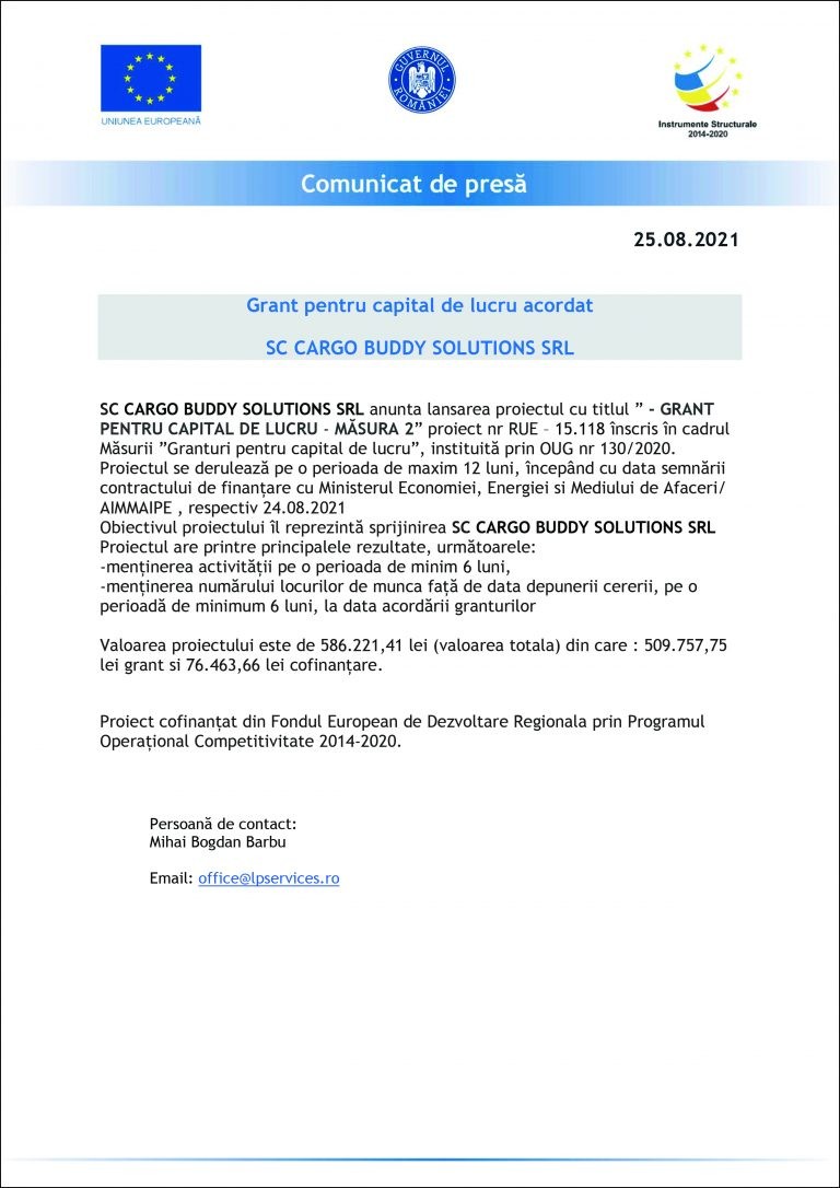Comunicat de presa SC CARGO BUDDY SOLUTIONS SRL