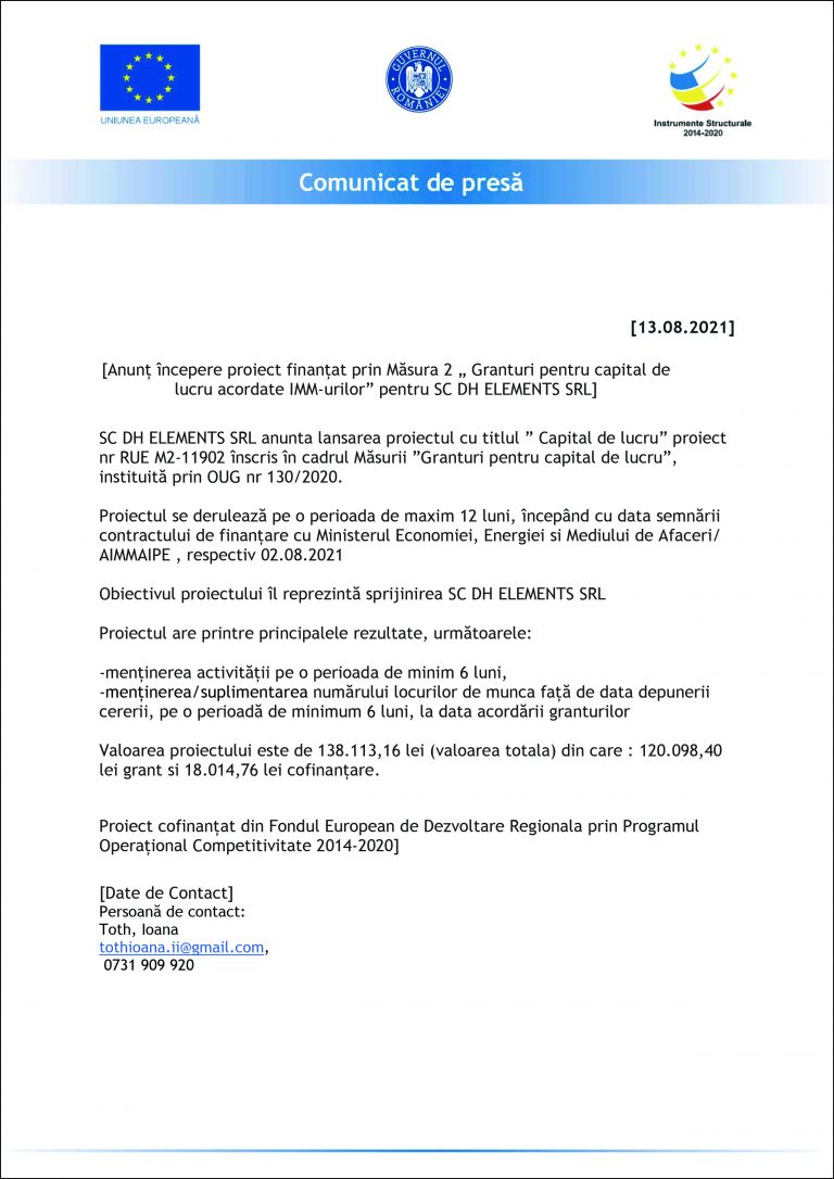 Comunicat de presă SC DH ELEMENTS SRL