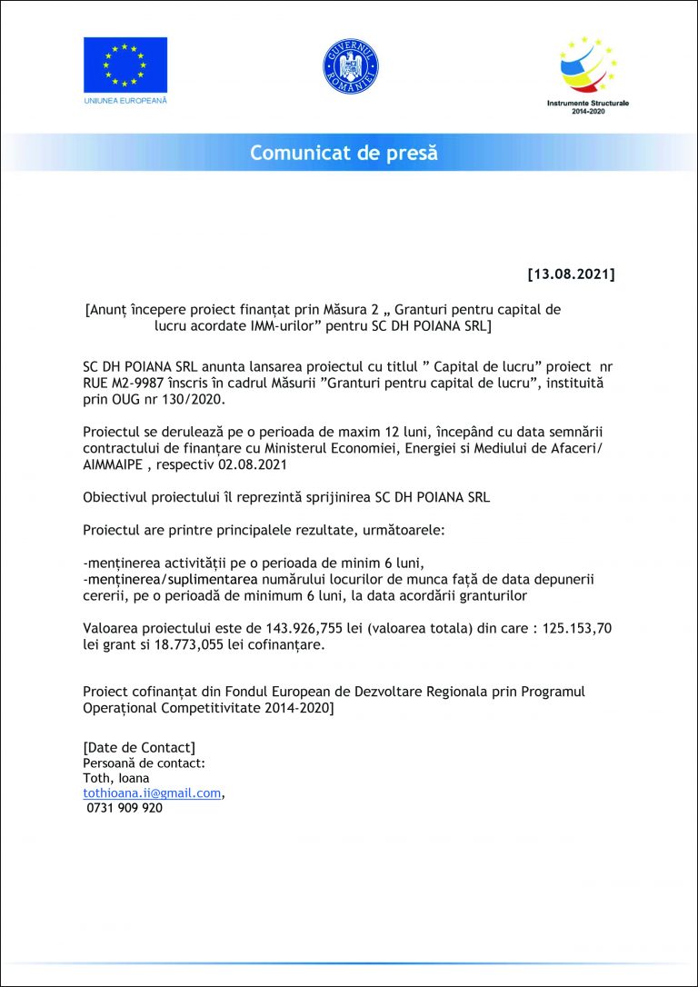 Comunicat de presă SC DH POIANA SRL