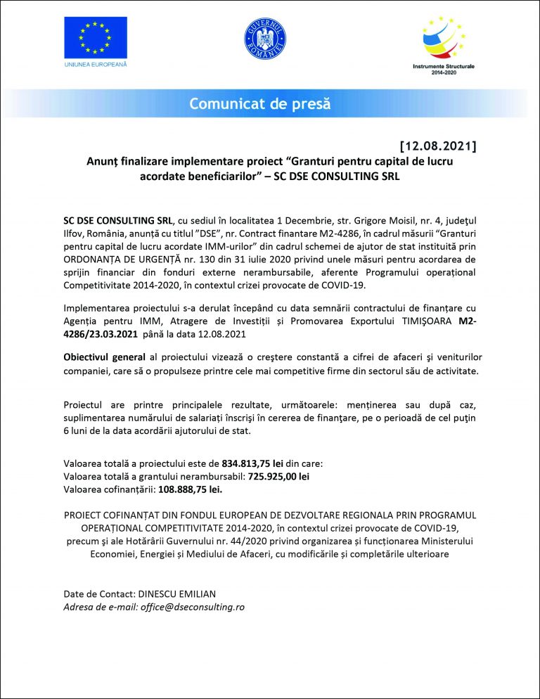 Comunicat de presă SC DSE CONSULTING SRL