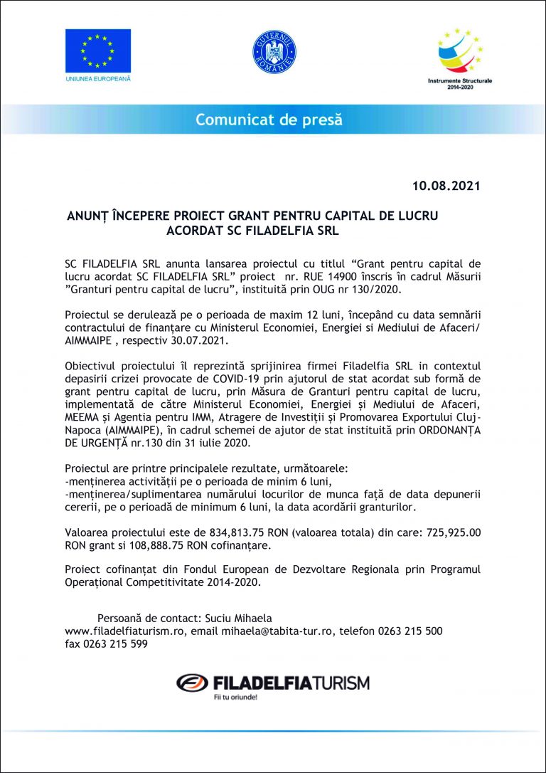 Comunicat de presă SC FILADELFIA SRL