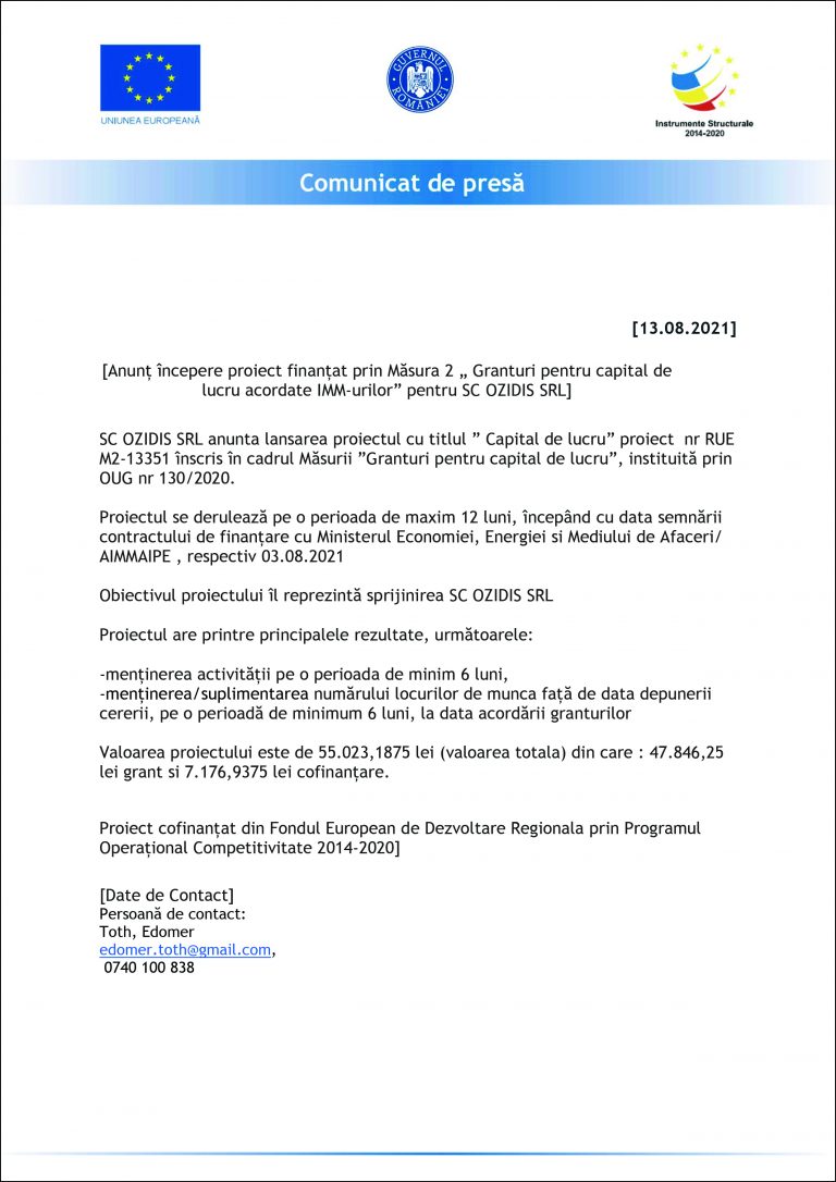 Comunicat de presă SC OZIDIS SRL
