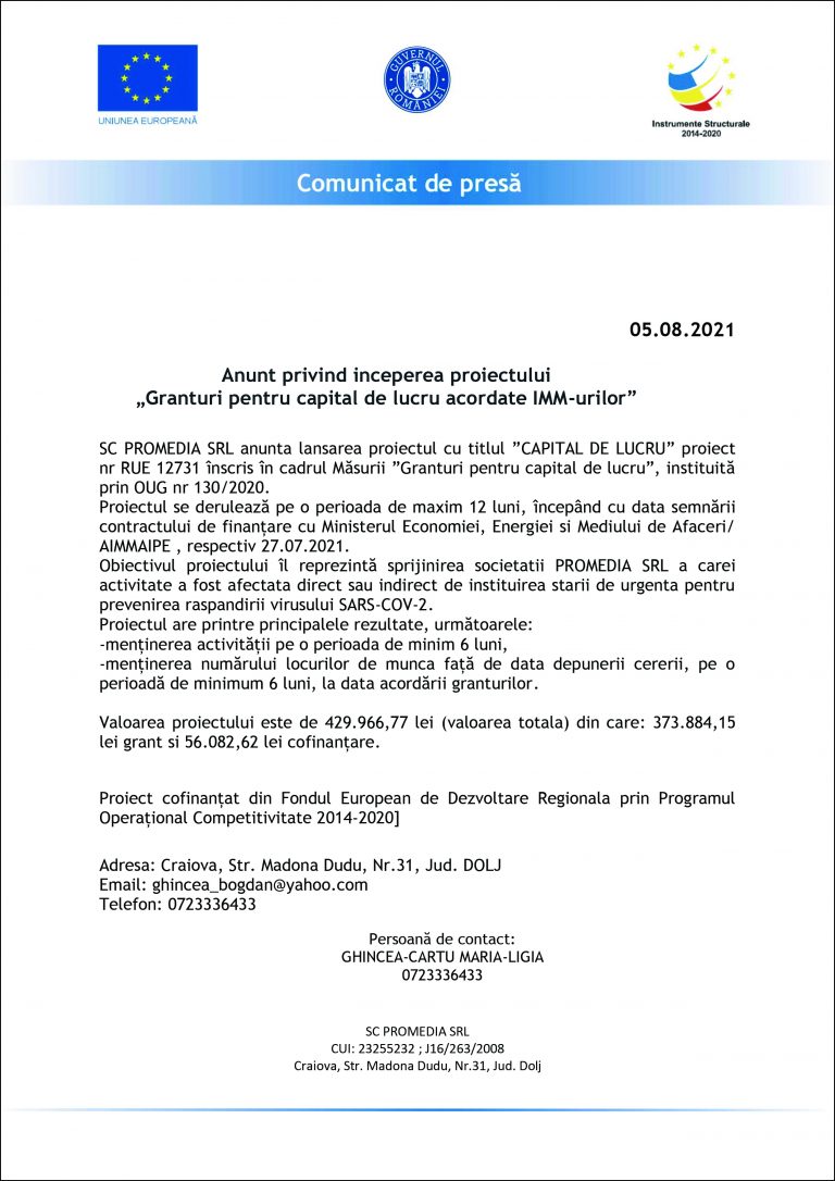 Comunicat de presă SC PROMEDIA SRL
