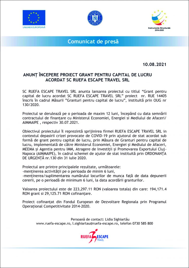 Comunicat de presă SC RUEFA ESCAPE TRAVEL SRL