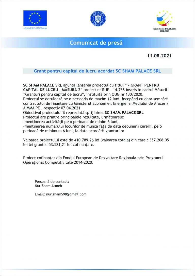 Comunicat de presă SC SHAM PALACE SRL