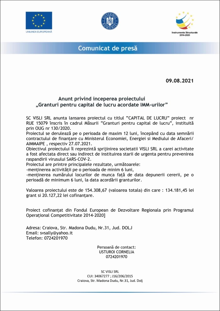 Comunicat de presa SC VISLI SRL