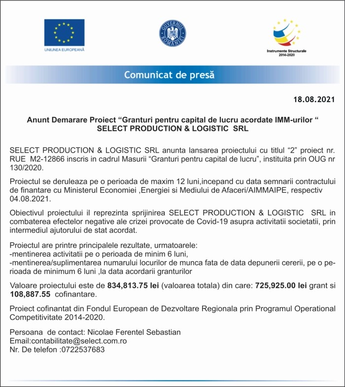 Comunicat de presă SELECT PRODUCTION & LOGISTIC SRL